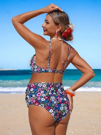 Multicolor Floral Spaghetti Strap Bikini Set with Pleated Shorts - Elegant Backless 2026SS Swimwear - High Stretch Beach Vacation Two Piece for Women