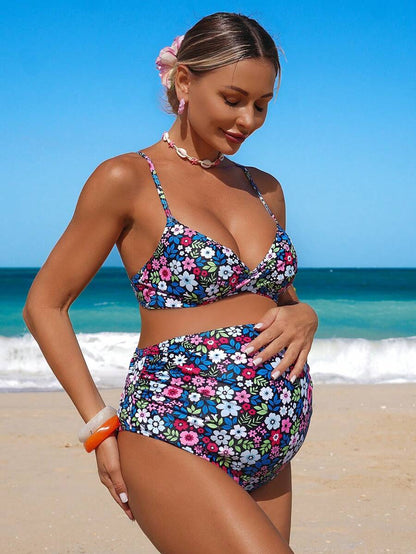 Multicolor Floral Spaghetti Strap Bikini Set with Pleated Shorts - Elegant Backless 2026SS Swimwear - High Stretch Beach Vacation Two Piece for Women