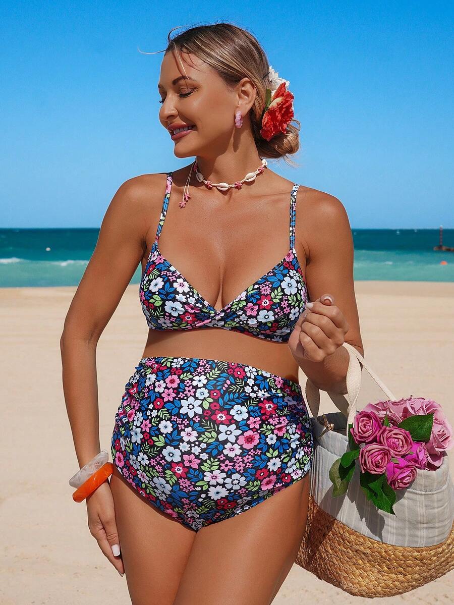 Multicolor Floral Spaghetti Strap Bikini Set with Pleated Shorts - Elegant Backless 2026SS Swimwear - High Stretch Beach Vacation Two Piece for Women