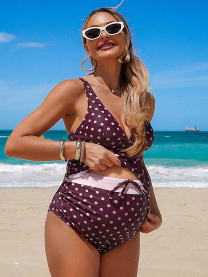 Vintage Polka Dot Maternity Tankini Set with V-Neck Knot Detail and High Waist Geometric Print Bottoms for Beach & Vacation