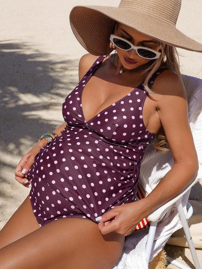 Vintage Polka Dot Maternity Tankini Set with V-Neck Knot Detail and High Waist Geometric Print Bottoms for Beach & Vacation