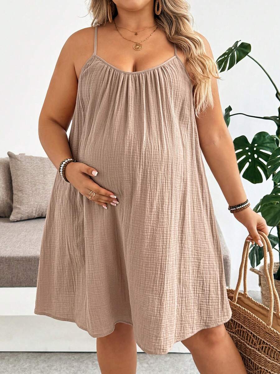 Khaki Plus Size Maternity Cotton Spaghetti Strap Short Dress with Button Details Loose Fit Sleeveless Summer Vacation Mini Sun Dress