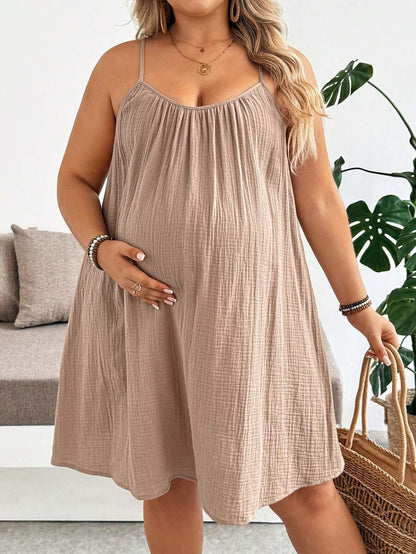Khaki Plus Size Maternity Cotton Spaghetti Strap Short Dress with Button Details Loose Fit Sleeveless Summer Vacation Mini Sun Dress
