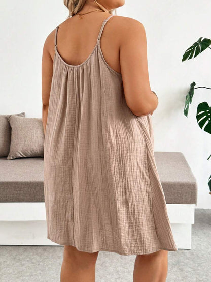 Khaki Plus Size Maternity Cotton Spaghetti Strap Short Dress with Button Details Loose Fit Sleeveless Summer Vacation Mini Sun Dress