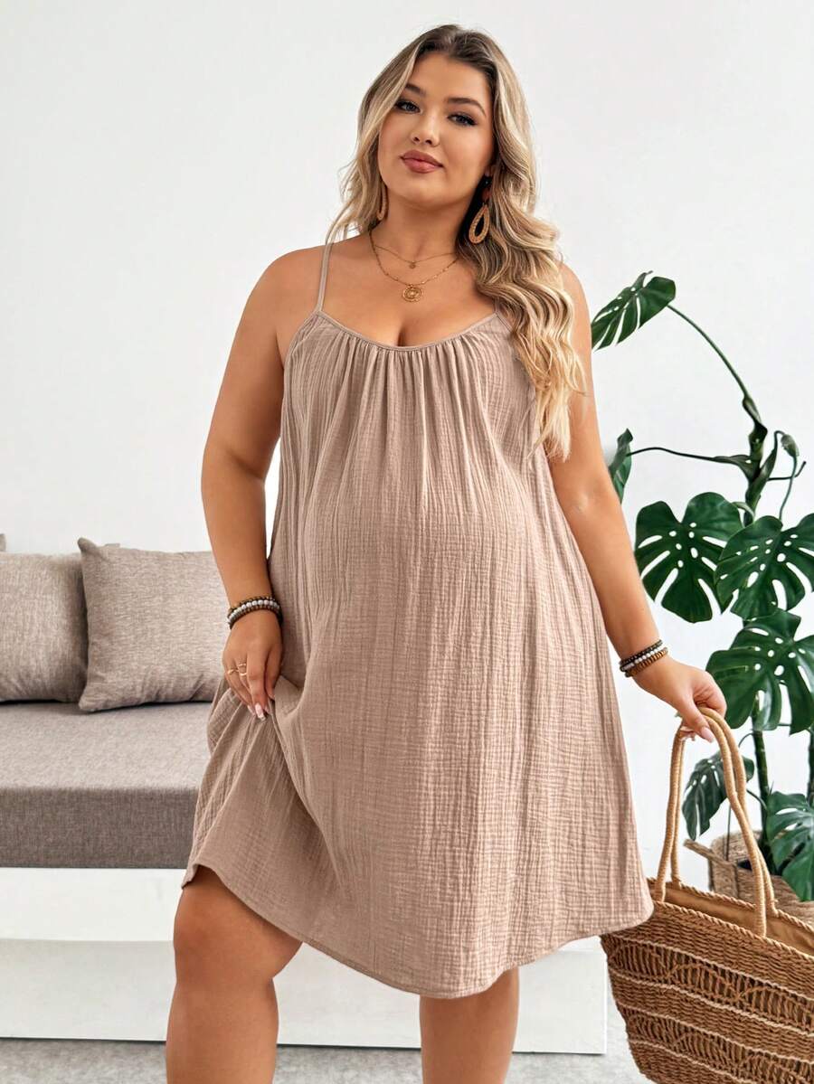 Khaki Plus Size Maternity Cotton Spaghetti Strap Short Dress with Button Details Loose Fit Sleeveless Summer Vacation Mini Sun Dress