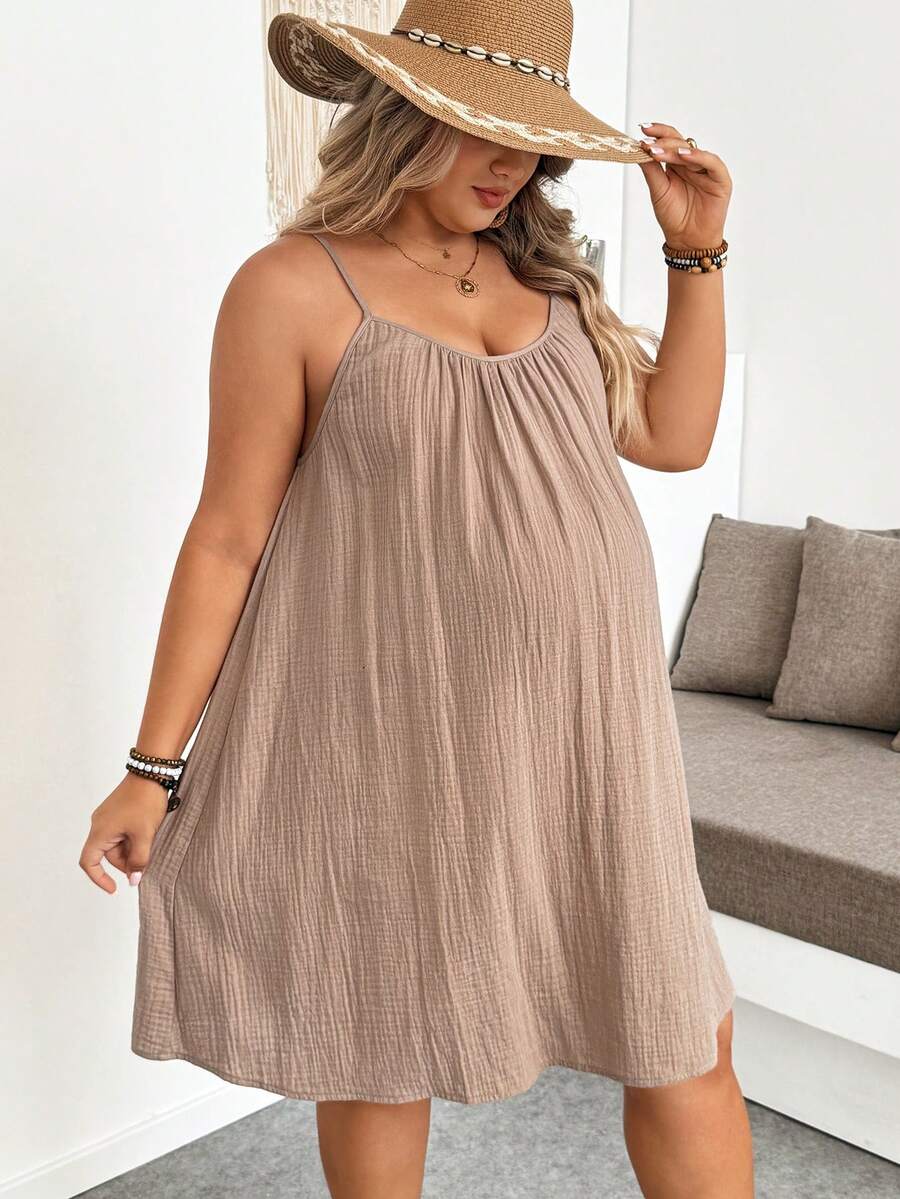 Khaki Plus Size Maternity Cotton Spaghetti Strap Short Dress with Button Details Loose Fit Sleeveless Summer Vacation Mini Sun Dress