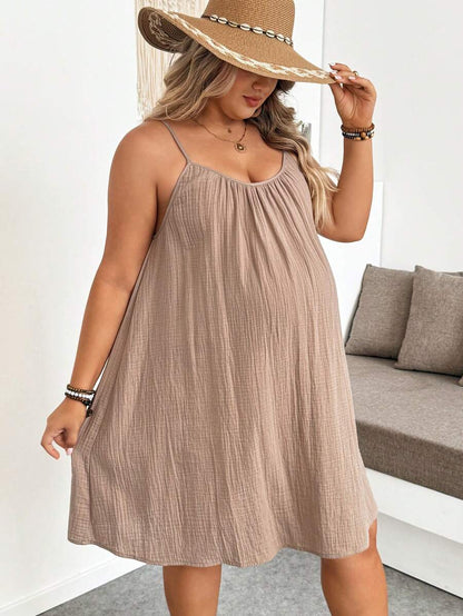 Khaki Plus Size Maternity Cotton Spaghetti Strap Short Dress with Button Details Loose Fit Sleeveless Summer Vacation Mini Sun Dress