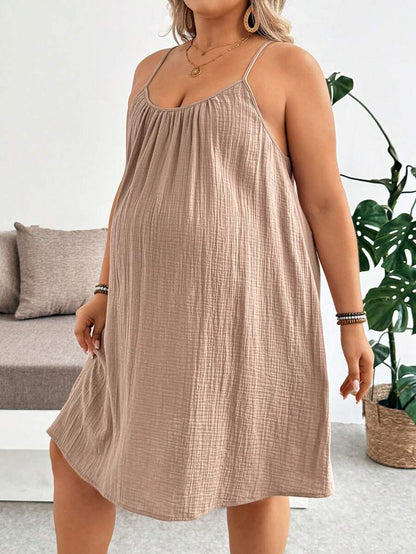 Khaki Plus Size Maternity Cotton Spaghetti Strap Short Dress with Button Details Loose Fit Sleeveless Summer Vacation Mini Sun Dress