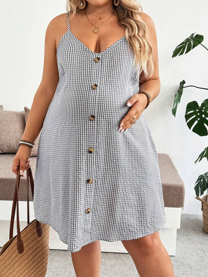 Plus Size Grey Plaid Maternity Cami Dress with Button Detail – Loose Fit Sleeveless Knee-Length Summer Beach Vacation Dress