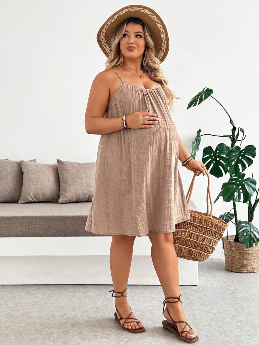 Khaki Plus Size Maternity Cotton Spaghetti Strap Short Dress with Button Details Loose Fit Sleeveless Summer Vacation Mini Sun Dress