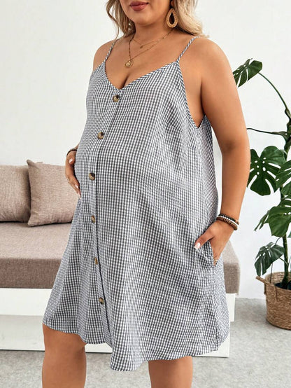 Plus Size Grey Plaid Maternity Cami Dress with Button Detail – Loose Fit Sleeveless Knee-Length Summer Beach Vacation Dress