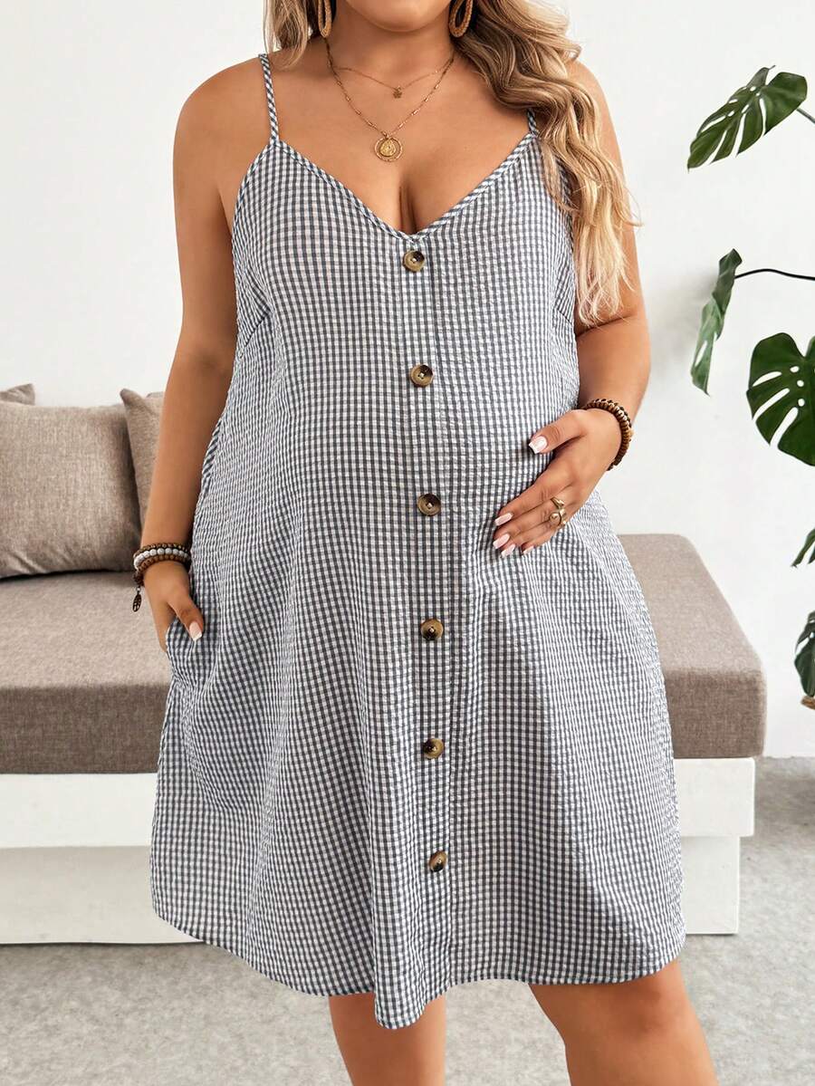 Plus Size Grey Plaid Maternity Cami Dress with Button Detail – Loose Fit Sleeveless Knee-Length Summer Beach Vacation Dress