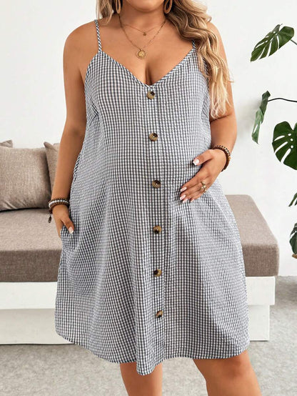 Plus Size Grey Plaid Maternity Cami Dress with Button Detail – Loose Fit Sleeveless Knee-Length Summer Beach Vacation Dress