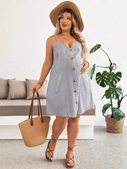 Plus Size Grey Plaid Maternity Cami Dress with Button Detail – Loose Fit Sleeveless Knee-Length Summer Beach Vacation Dress