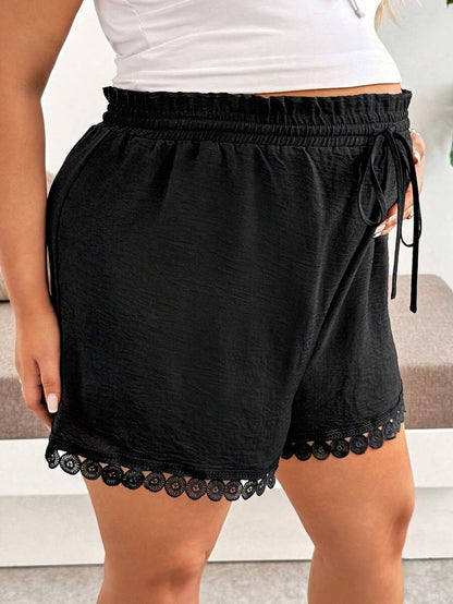 Plus Size Maternity Drawstring Casual Shorts – Ultra High Waist Loose Fit Black Beach Shorts with Elastic Waistband