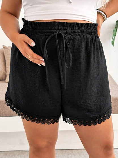 Plus Size Maternity Drawstring Casual Shorts – Ultra High Waist Loose Fit Black Beach Shorts with Elastic Waistband