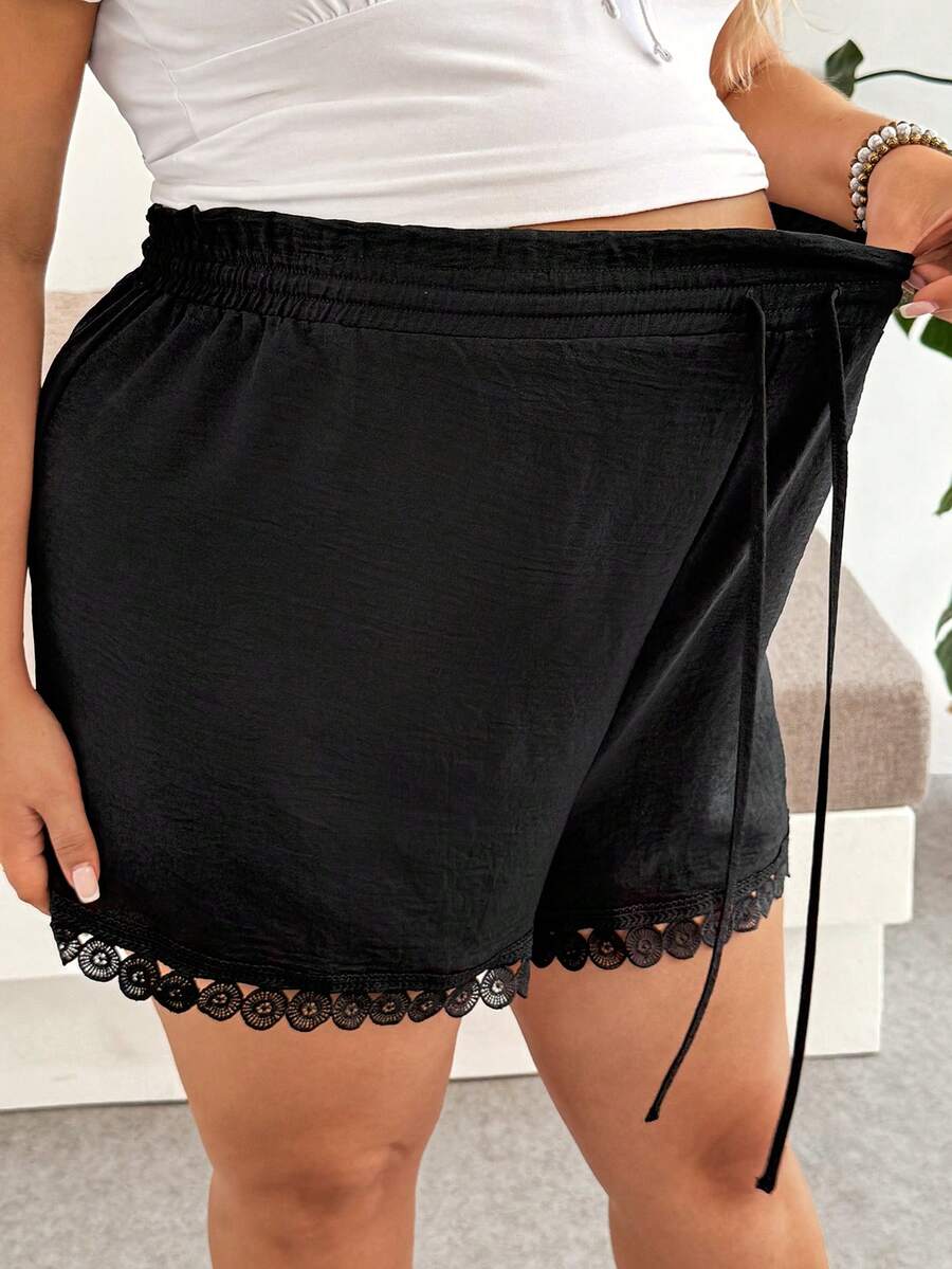 Plus Size Maternity Drawstring Casual Shorts – Ultra High Waist Loose Fit Black Beach Shorts with Elastic Waistband
