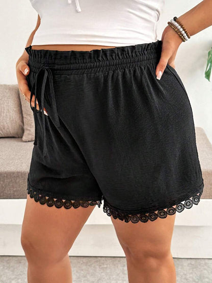 Plus Size Maternity Drawstring Casual Shorts – Ultra High Waist Loose Fit Black Beach Shorts with Elastic Waistband