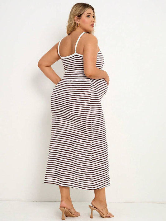 Multicolor Striped Maternity Midi Dress – Slim Fit Spaghetti Strap Backless Knitted Summer Sundress for Beach Vacations and Casual Wear