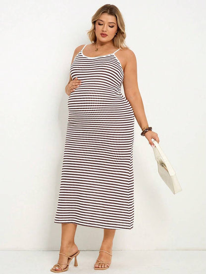 Multicolor Striped Maternity Midi Dress – Slim Fit Spaghetti Strap Backless Knitted Summer Sundress for Beach Vacations and Casual Wear