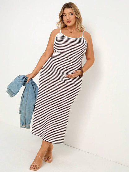 Multicolor Striped Maternity Midi Dress – Slim Fit Spaghetti Strap Backless Knitted Summer Sundress for Beach Vacations and Casual Wear