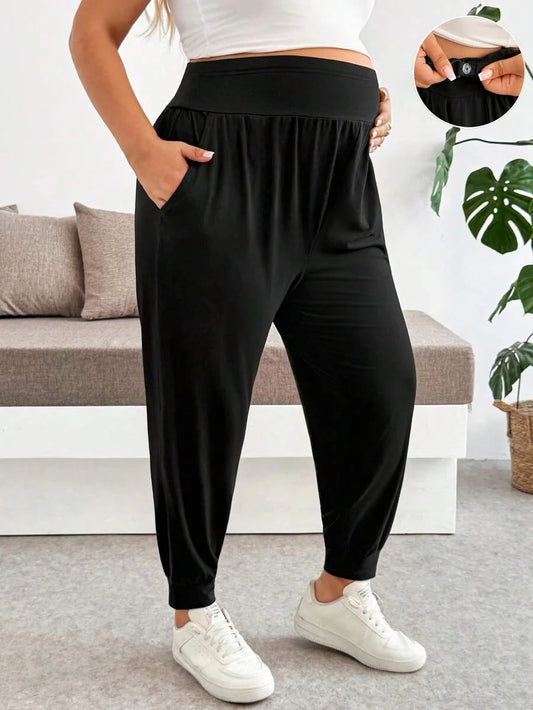 Maternity Plus Size Black Solid Color Adjustable Waist Pants - Ultra High Waist Ruched Ankle Length Trousers - Casual Loose Fit Vacation Wear