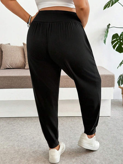 Maternity Plus Size Black Solid Color Adjustable Waist Pants - Ultra High Waist Ruched Ankle Length Trousers - Casual Loose Fit Vacation Wear