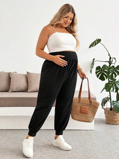 Maternity Plus Size Black Solid Color Adjustable Waist Pants - Ultra High Waist Ruched Ankle Length Trousers - Casual Loose Fit Vacation Wear
