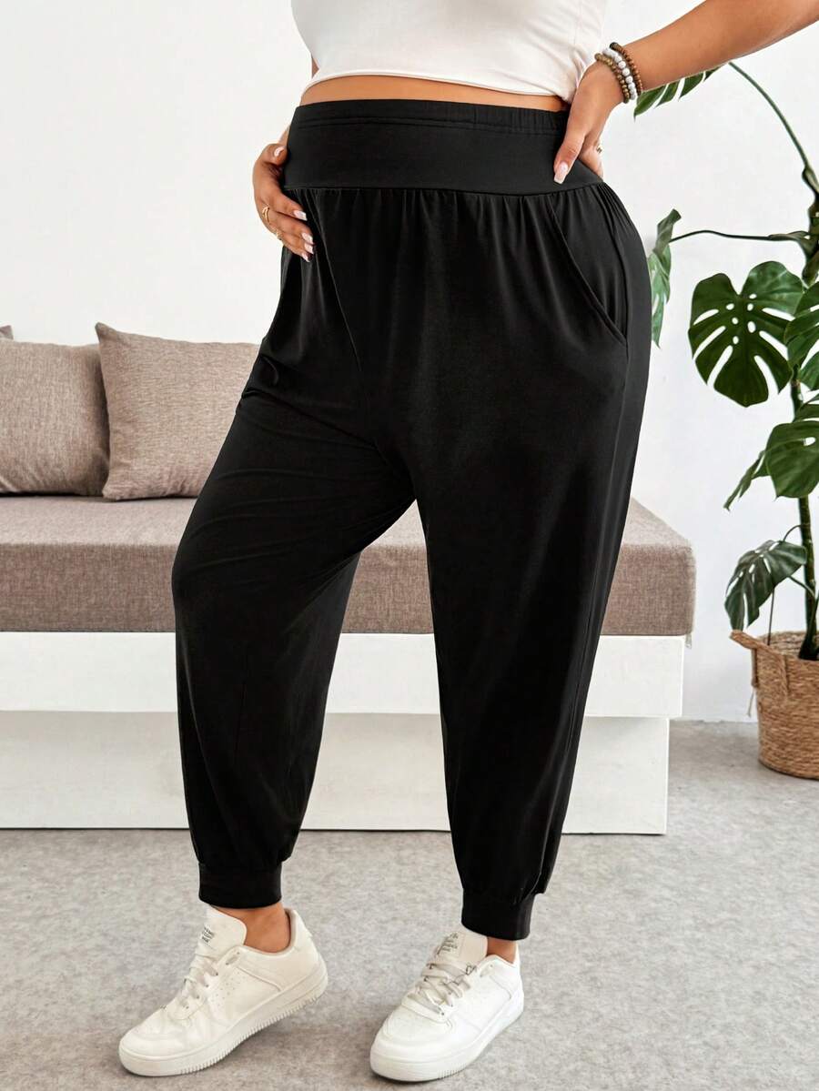 Maternity Plus Size Black Solid Color Adjustable Waist Pants - Ultra High Waist Ruched Ankle Length Trousers - Casual Loose Fit Vacation Wear