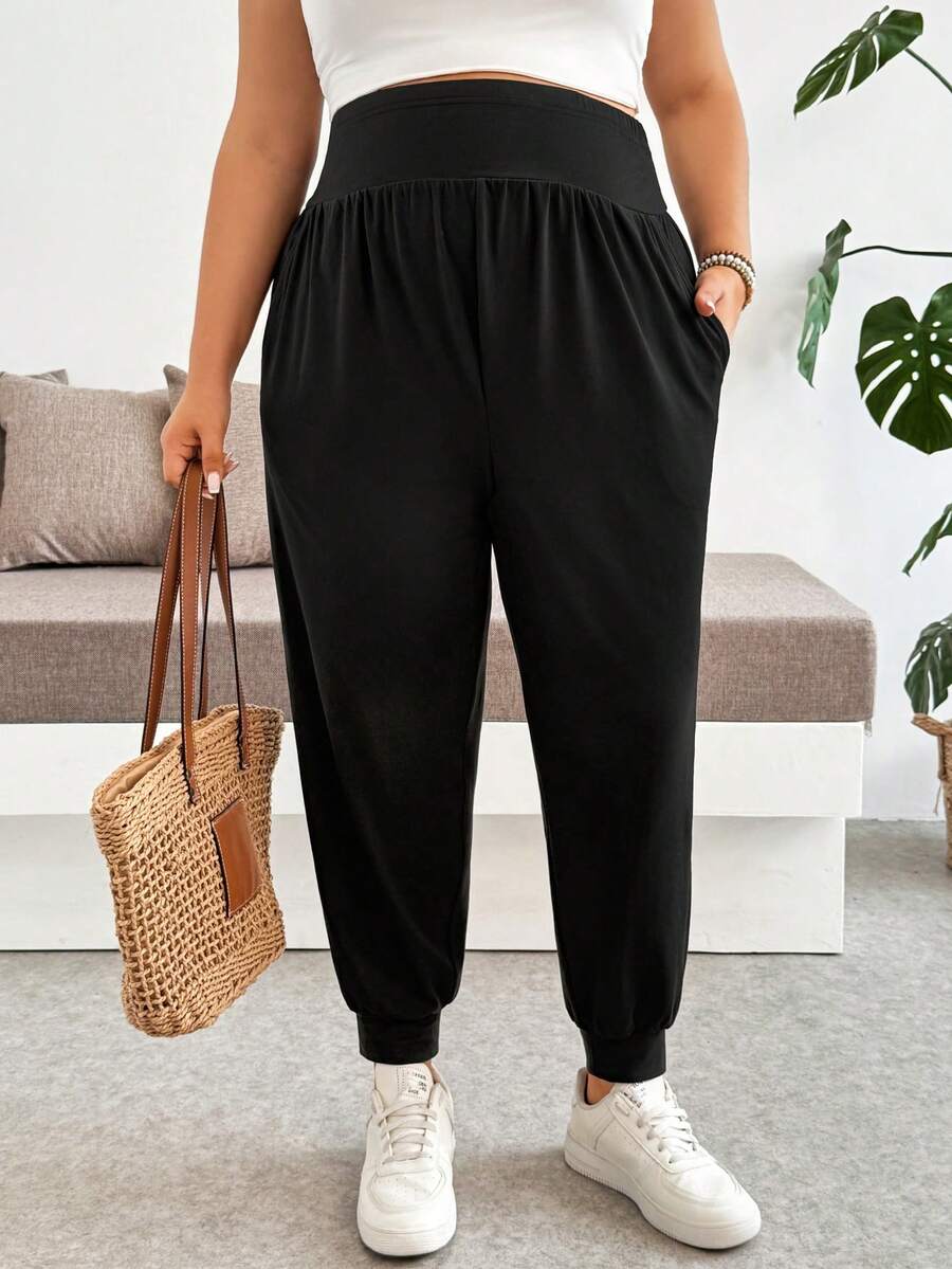 Maternity Plus Size Black Solid Color Adjustable Waist Pants - Ultra High Waist Ruched Ankle Length Trousers - Casual Loose Fit Vacation Wear
