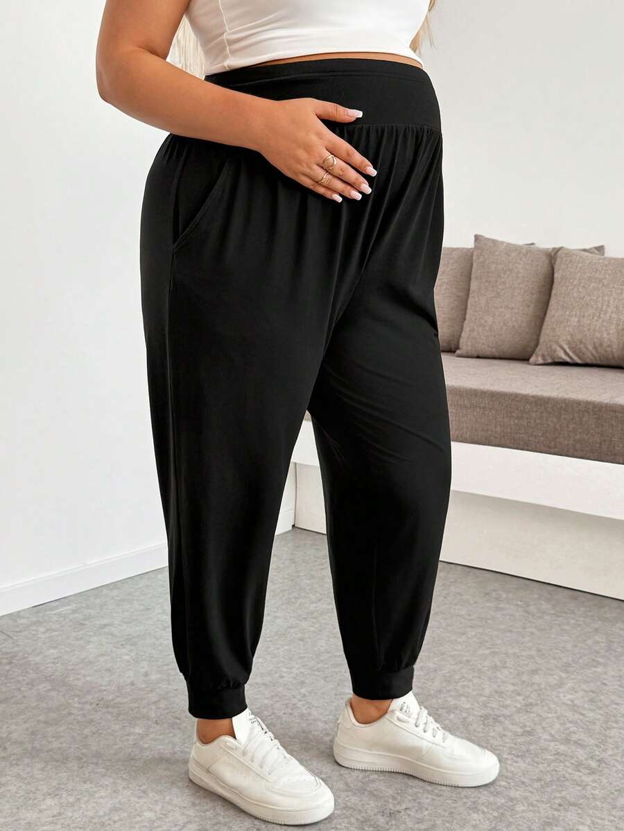 Maternity Plus Size Black Solid Color Adjustable Waist Pants - Ultra High Waist Ruched Ankle Length Trousers - Casual Loose Fit Vacation Wear