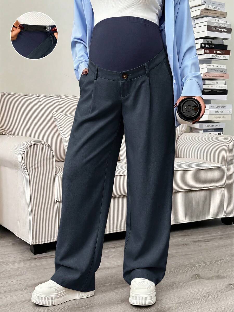 Maternity Tailored Pants - Adjustable Waist, Pocket, Loose Fit, Navy Blue