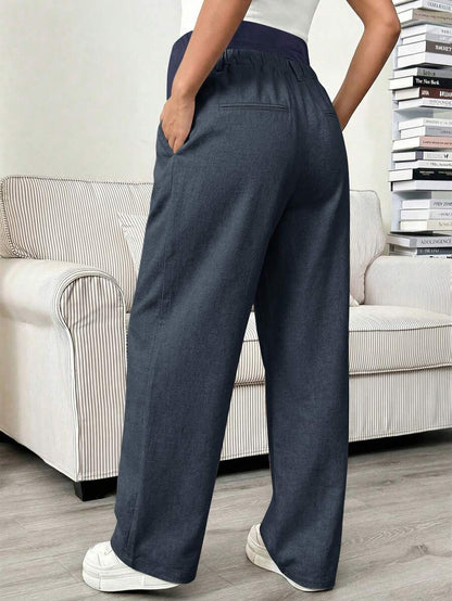 Maternity Tailored Pants - Adjustable Waist, Pocket, Loose Fit, Navy Blue