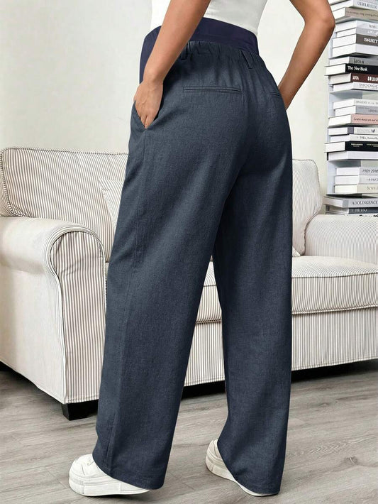 Maternity Tailored Pants - Adjustable Waist, Pocket, Loose Fit, Navy Blue
