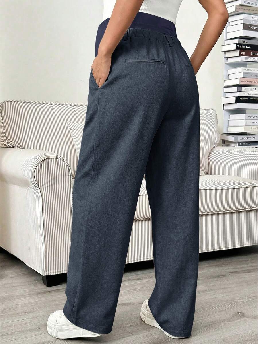Maternity Tailored Office Pants - Adjustable Waist, Slant Pocket, Loose Fit, Khaki