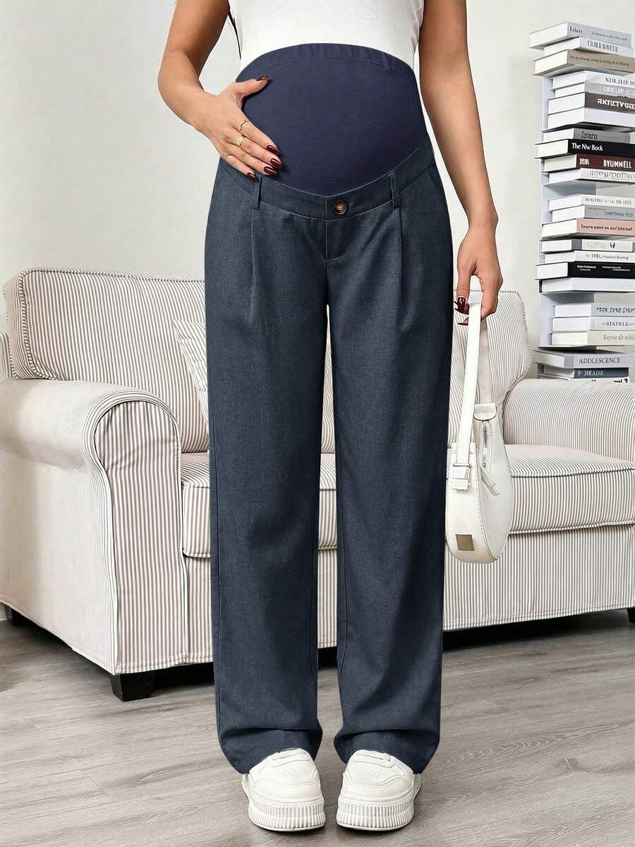Maternity Tailored Pants - Adjustable Waist, Pocket, Loose Fit, Navy Blue