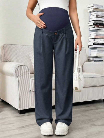 Maternity Tailored Pants - Adjustable Waist, Pocket, Loose Fit, Navy Blue