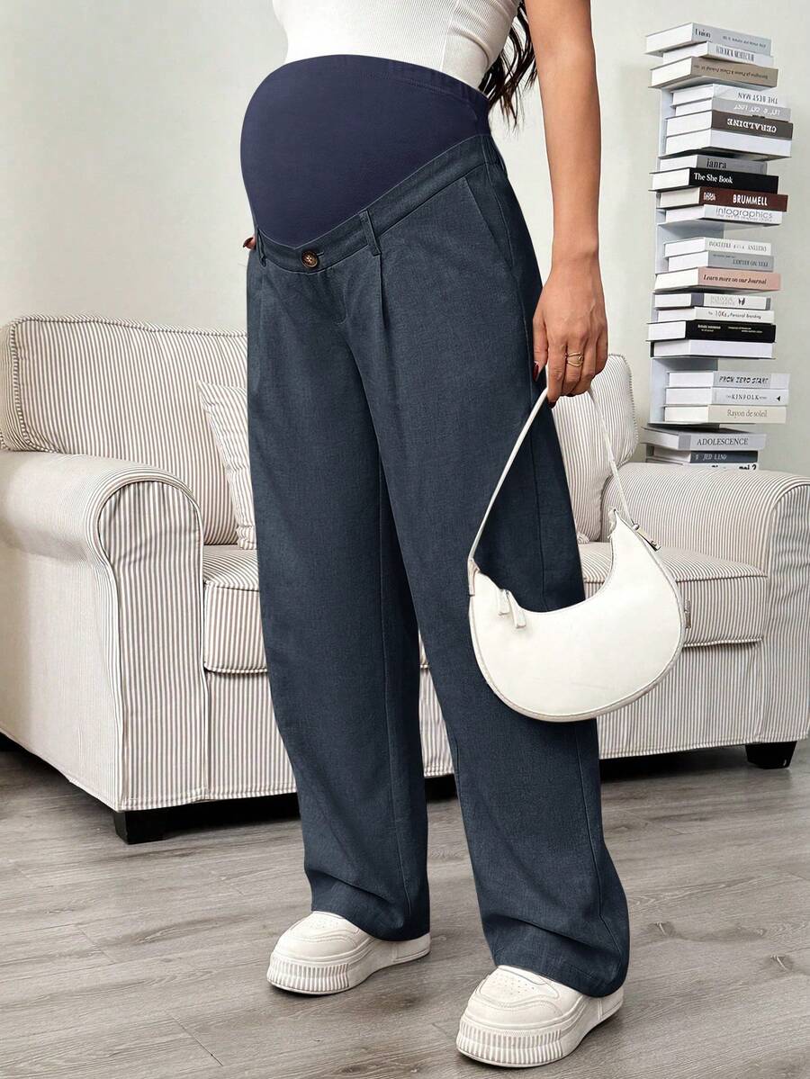 Maternity Tailored Pants - Adjustable Waist, Pocket, Loose Fit, Navy Blue