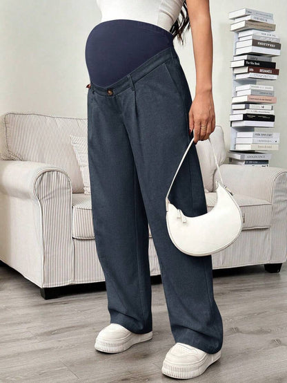 Maternity Tailored Office Pants - Adjustable Waist, Slant Pocket, Loose Fit, Khaki
