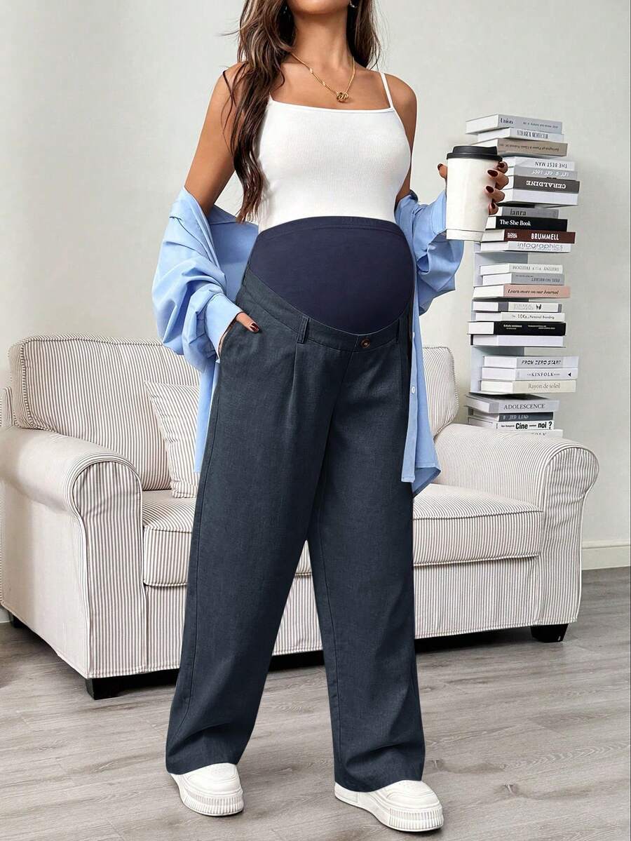 Maternity Tailored Office Pants - Adjustable Waist, Slant Pocket, Loose Fit, Khaki