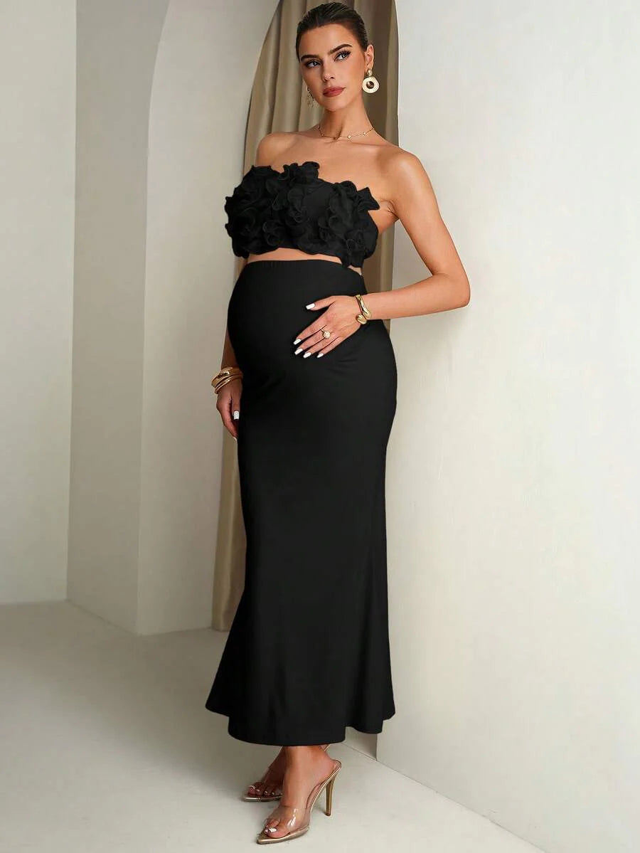 Maternity Solid Color Ruffle Trim Cropped Camisole Top And Adjustable Waist Mermaid Hem Skirt Elegant 2-Piece Set Summer Outfits Pregnancy Dress For Photoshoot  Wedding Guest Dress