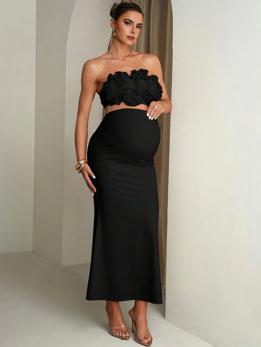 Maternity Solid Color Ruffle Trim Cropped Camisole Top And Adjustable Waist Mermaid Hem Skirt Elegant 2-Piece Set Summer Outfits Pregnancy Dress For Photoshoot  Wedding Guest Dress