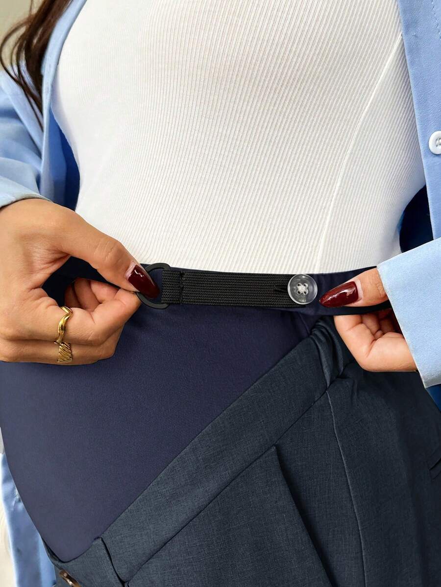 Maternity Tailored Pants - Adjustable Waist, Pocket, Loose Fit, Navy Blue