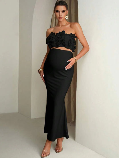 Maternity Solid Color Ruffle Trim Cropped Camisole Top And Adjustable Waist Mermaid Hem Skirt Elegant 2-Piece Set Summer Outfits Pregnancy Dress For Photoshoot  Wedding Guest Dress