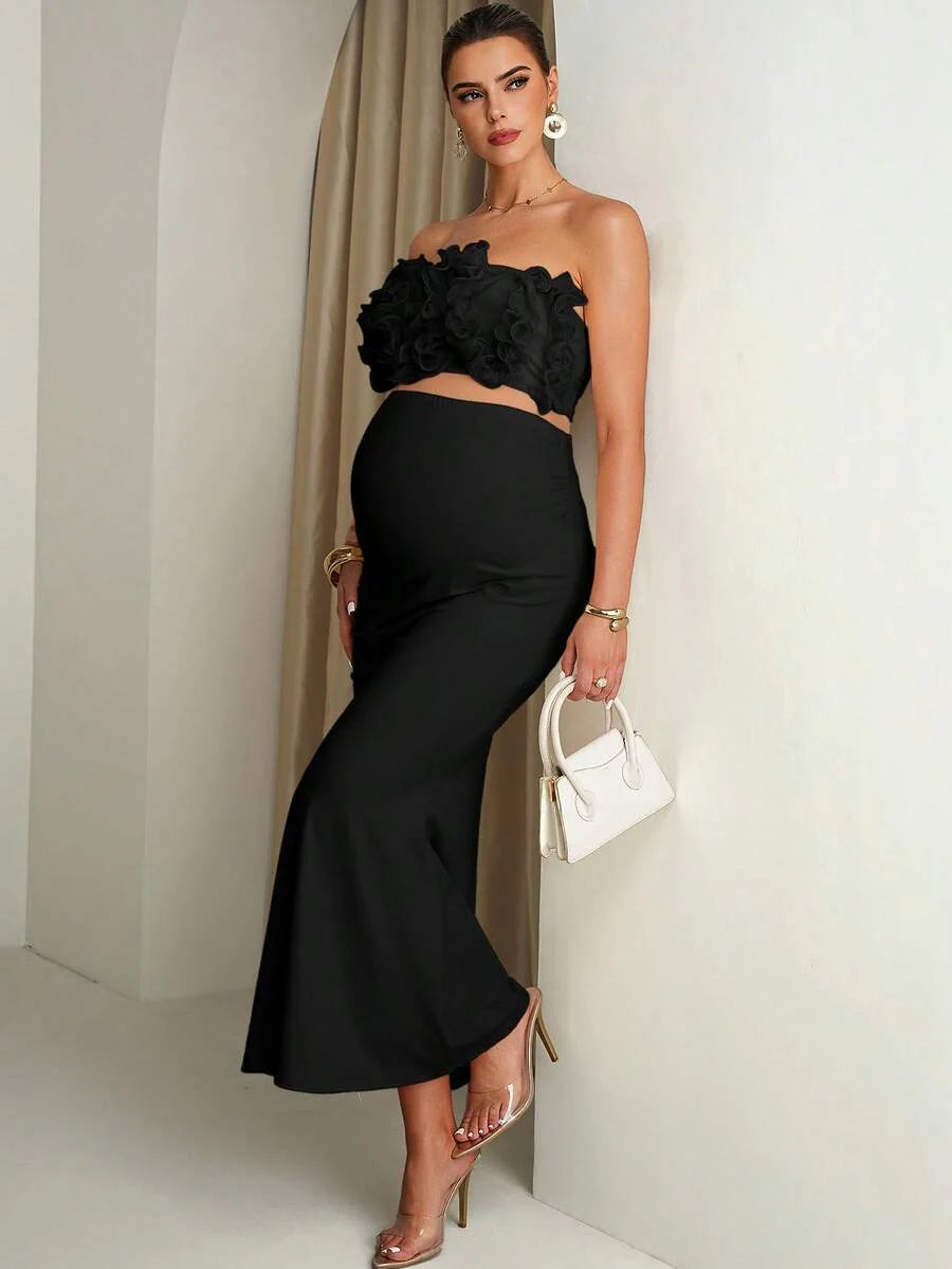 Maternity Solid Color Ruffle Trim Cropped Camisole Top And Adjustable Waist Mermaid Hem Skirt Elegant 2-Piece Set Summer Outfits Pregnancy Dress For Photoshoot  Wedding Guest Dress