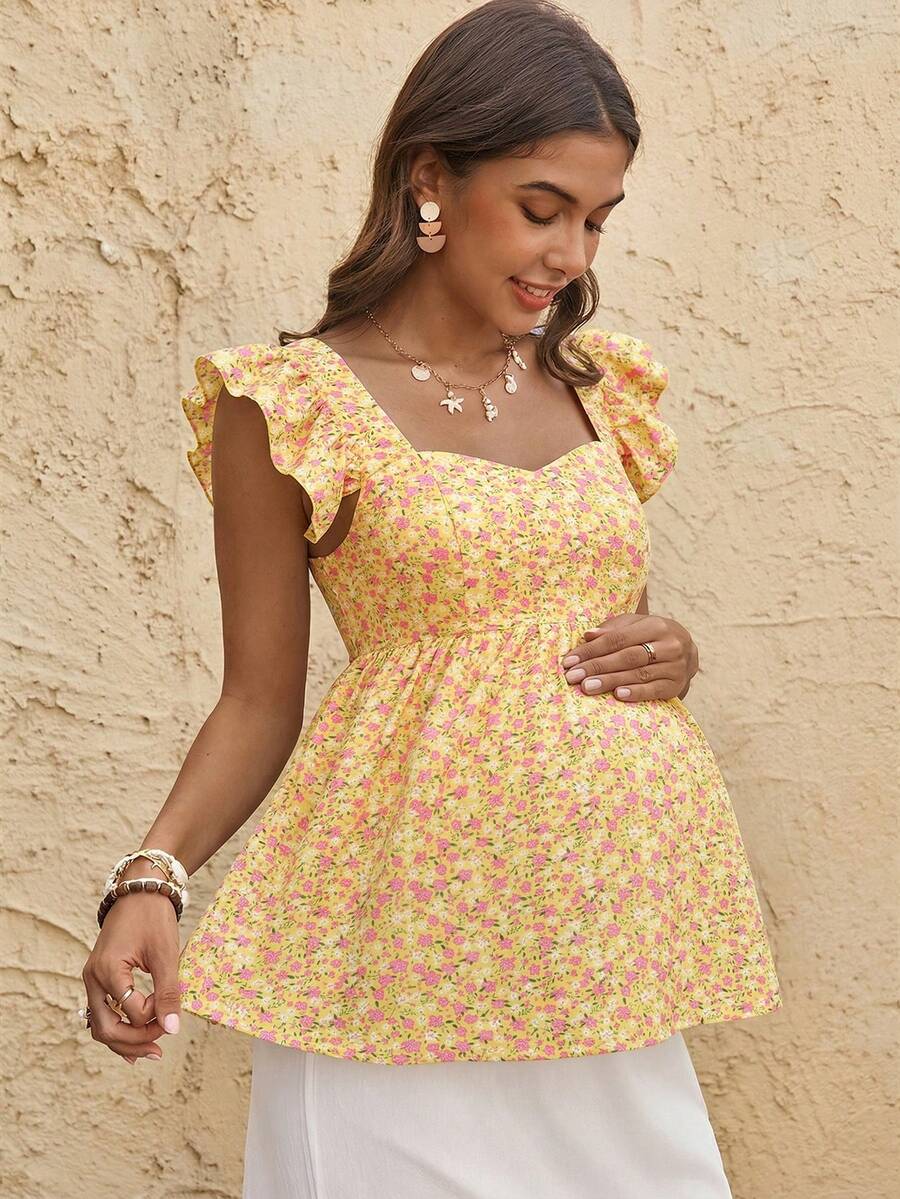 Maternity Yellow Ditsy Floral Peplum Top Sweetheart Neck Cap Sleeve Boho Ruched Flounce Shirt for Beach Vacation and Tea Party