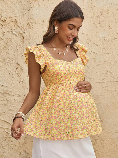 Maternity Yellow Ditsy Floral Peplum Top Sweetheart Neck Cap Sleeve Boho Ruched Flounce Shirt for Beach Vacation and Tea Party