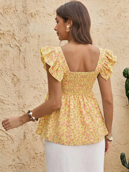 Maternity Yellow Ditsy Floral Peplum Top Sweetheart Neck Cap Sleeve Boho Ruched Flounce Shirt for Beach Vacation and Tea Party