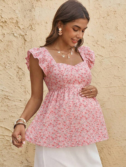 Maternity Yellow Ditsy Floral Peplum Top Sweetheart Neck Cap Sleeve Boho Ruched Flounce Shirt for Beach Vacation and Tea Party