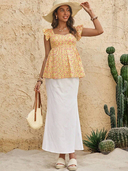 Maternity Yellow Ditsy Floral Peplum Top Sweetheart Neck Cap Sleeve Boho Ruched Flounce Shirt for Beach Vacation and Tea Party